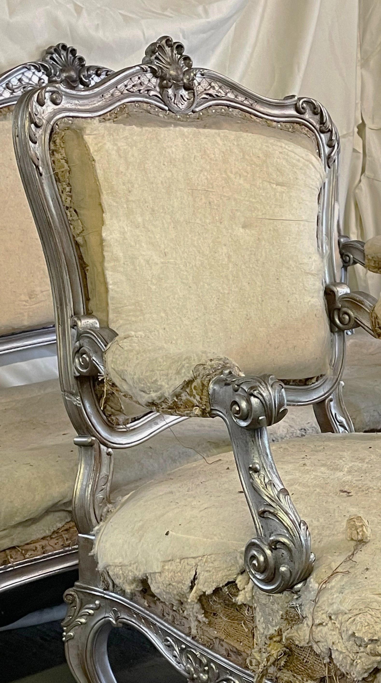 Louis XV Silver Giltwood Carved Three-Piece Salon or Parlor Suite/Sofa For Sale 1