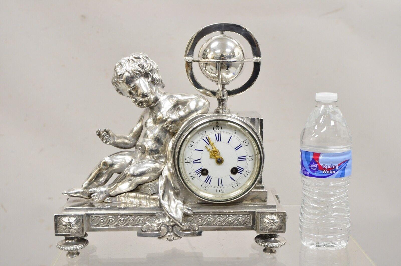 French Louis XV Silver Plated Bronze Putto Mantel Clock M Franjus Raison & Boyer For Sale 8
