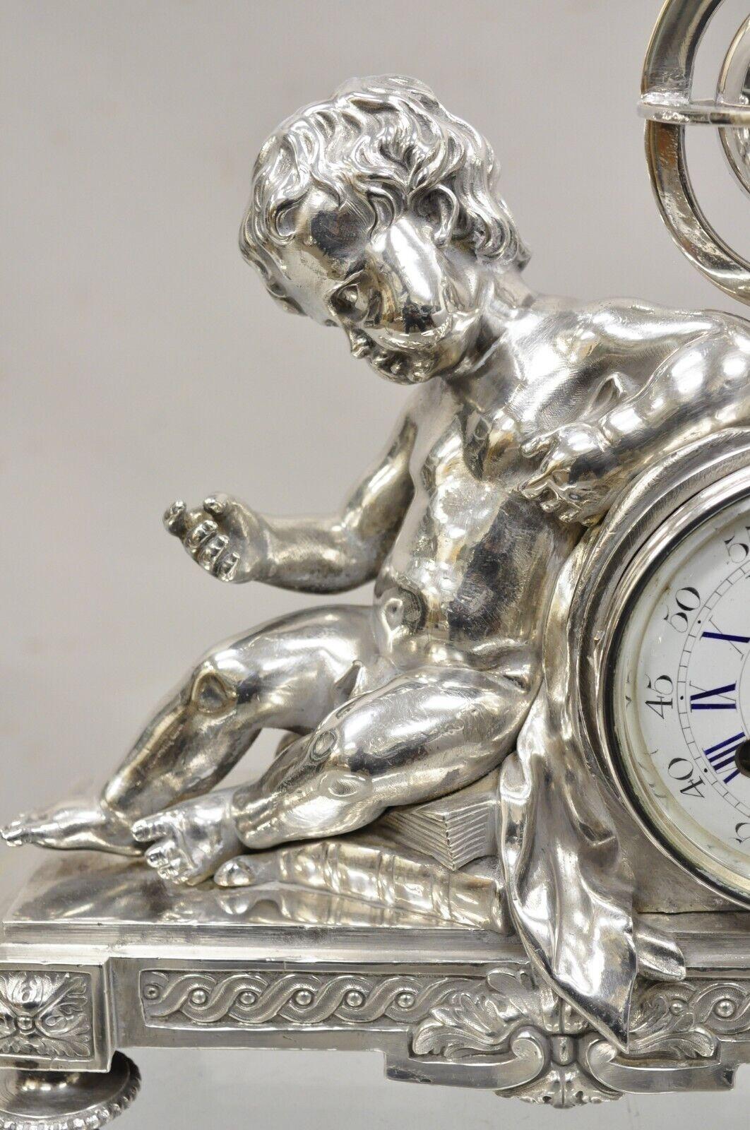 French Louis XV Silver Plated Bronze Putto Mantel Clock M Franjus Raison & Boyer In Good Condition For Sale In Philadelphia, PA