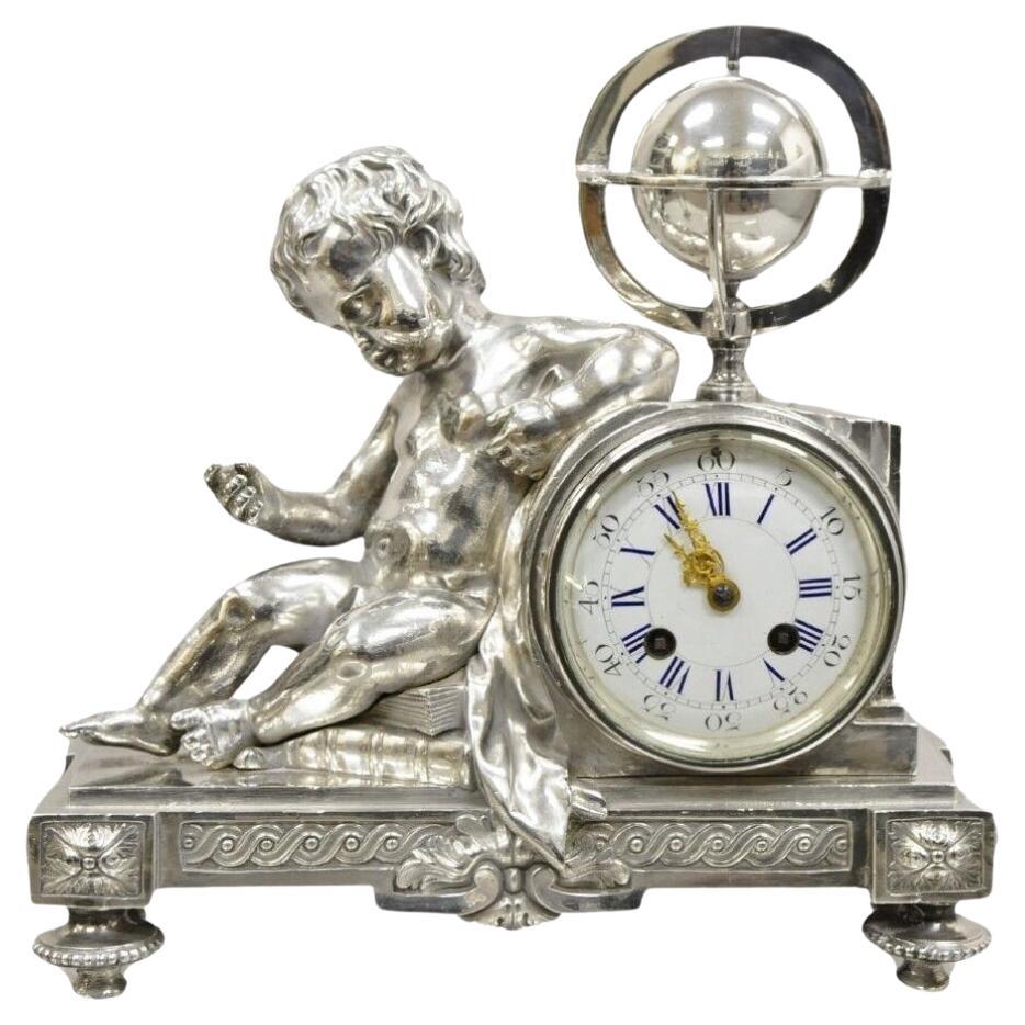 French Louis XV Silver Plated Bronze Putto Mantel Clock M Franjus Raison & Boyer For Sale