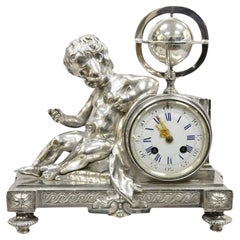Antique French Louis XV Silver Plated Bronze Putto Mantel Clock M Franjus Raison & Boyer