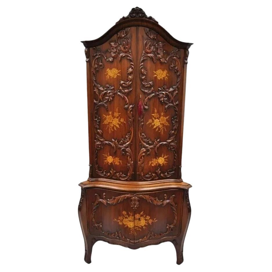 French Louis XV Small Walnut Floral Inlay Style Corner Curio China Cabinet