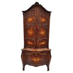 Antique French Louis XV Small Walnut Floral Inlay Style Corner Curio China Cabinet