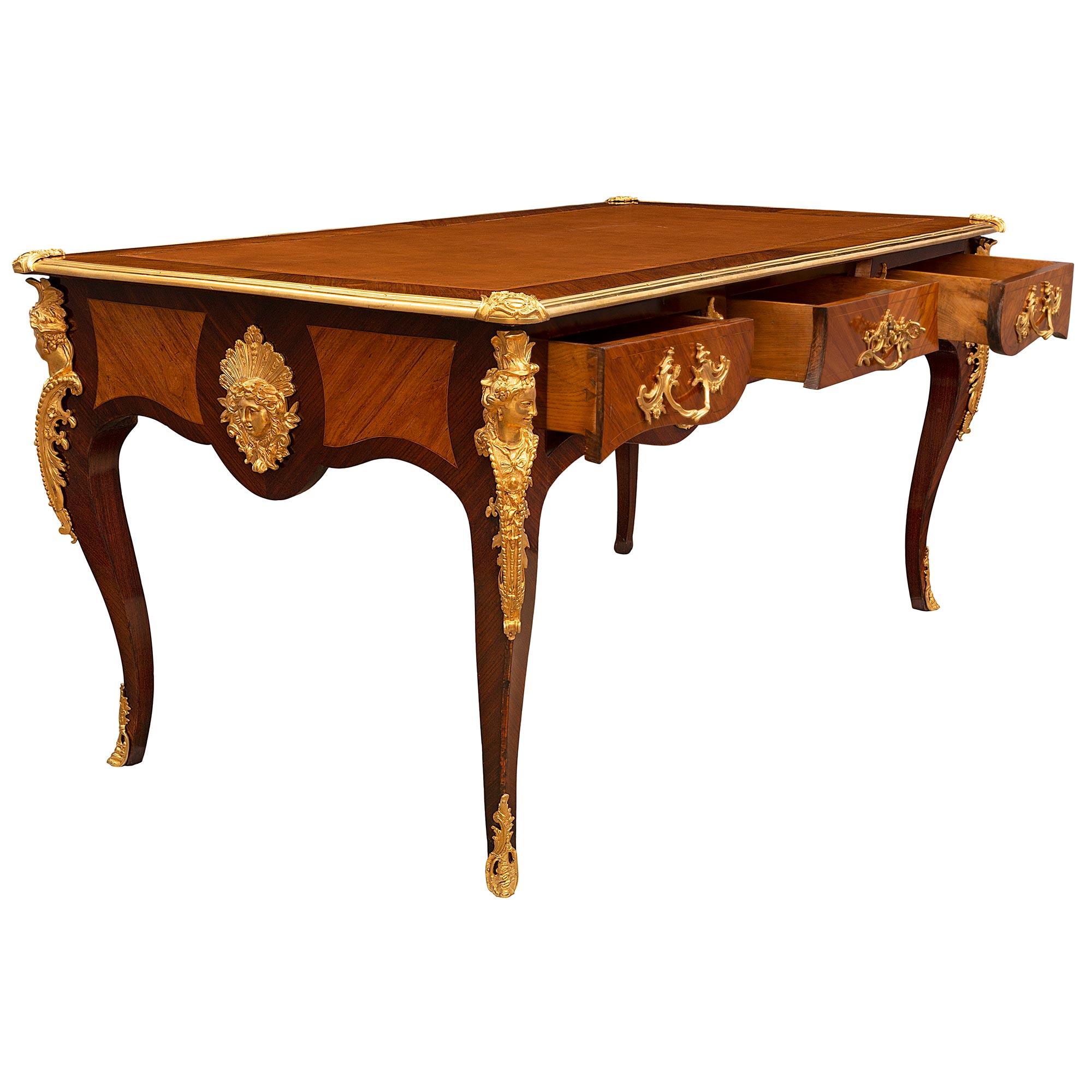 French Louis XV St. 19th Century Kingwood, Ormolu, and Tulipwood Bureau Plat 1