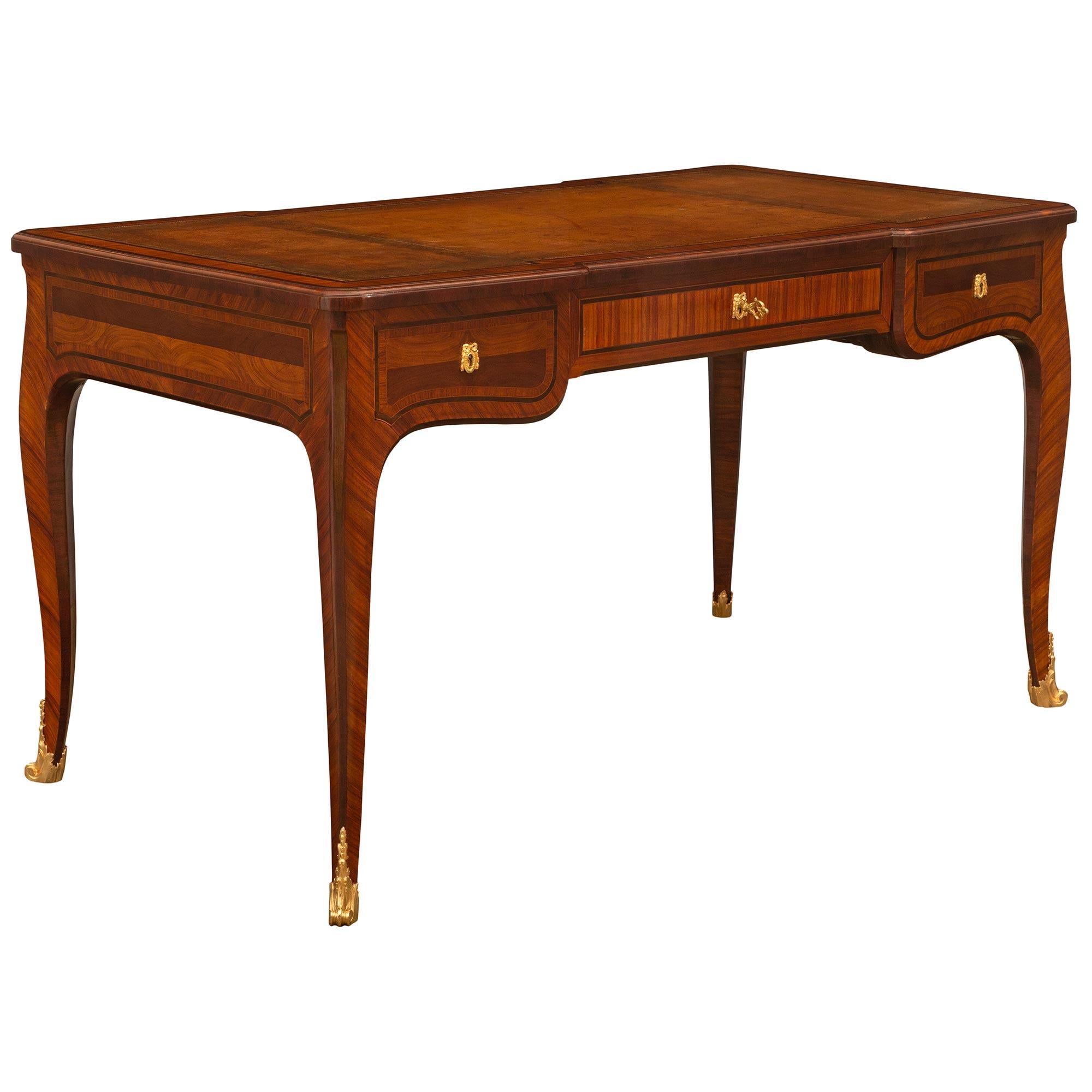 French Louis XV St. Tulipwood, Kingwood, And Ormolu Desk, Signed By Krieger In Good Condition For Sale In West Palm Beach, FL