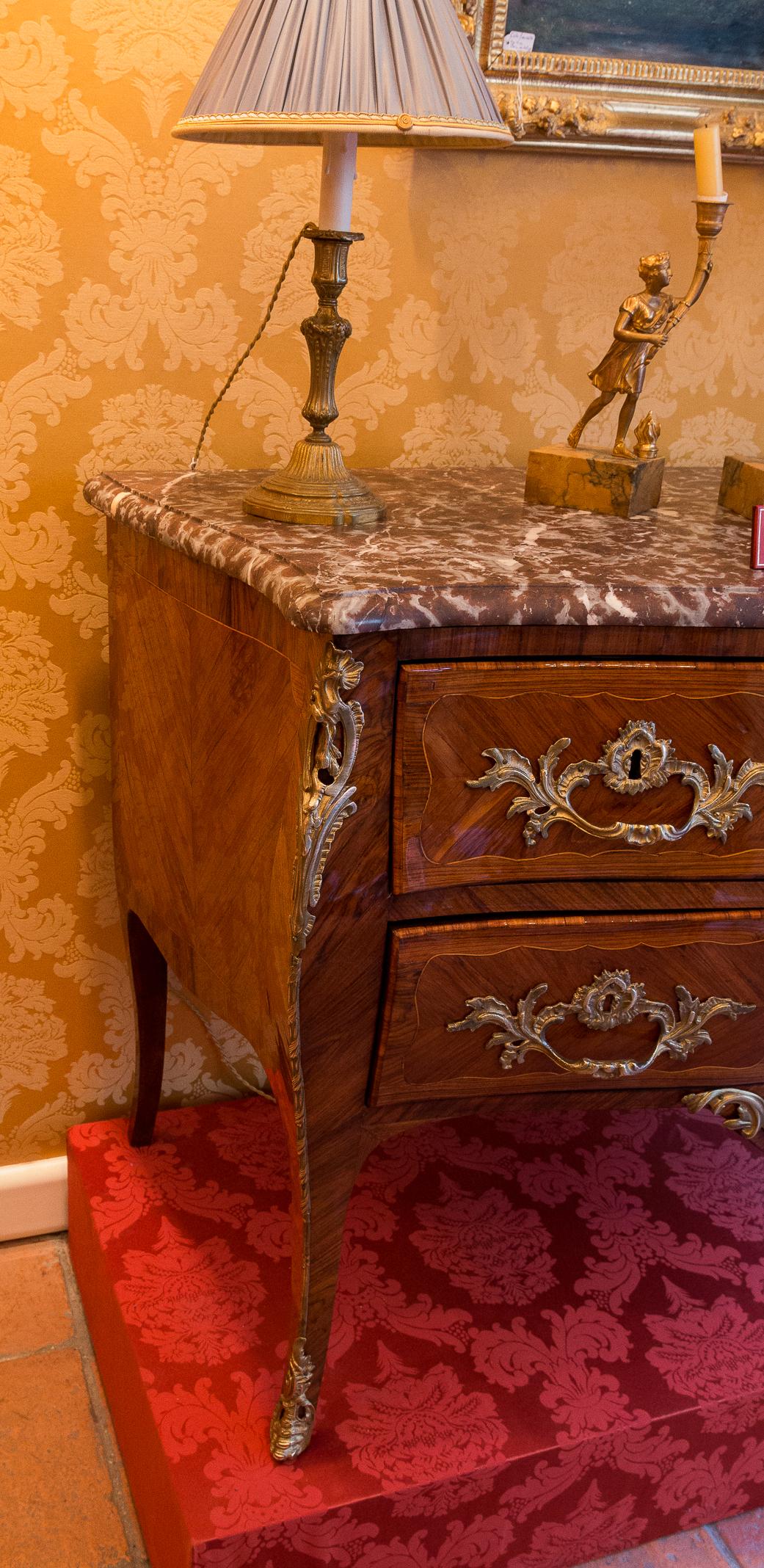 Gilt French Louis XV Stamp by Sebastien Vié, Serpentine Marble Top Commode circa 1750