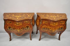 French Louis XV Styl Marquetry Inlay Bombe Commode Chest Bedside Table, a Pair