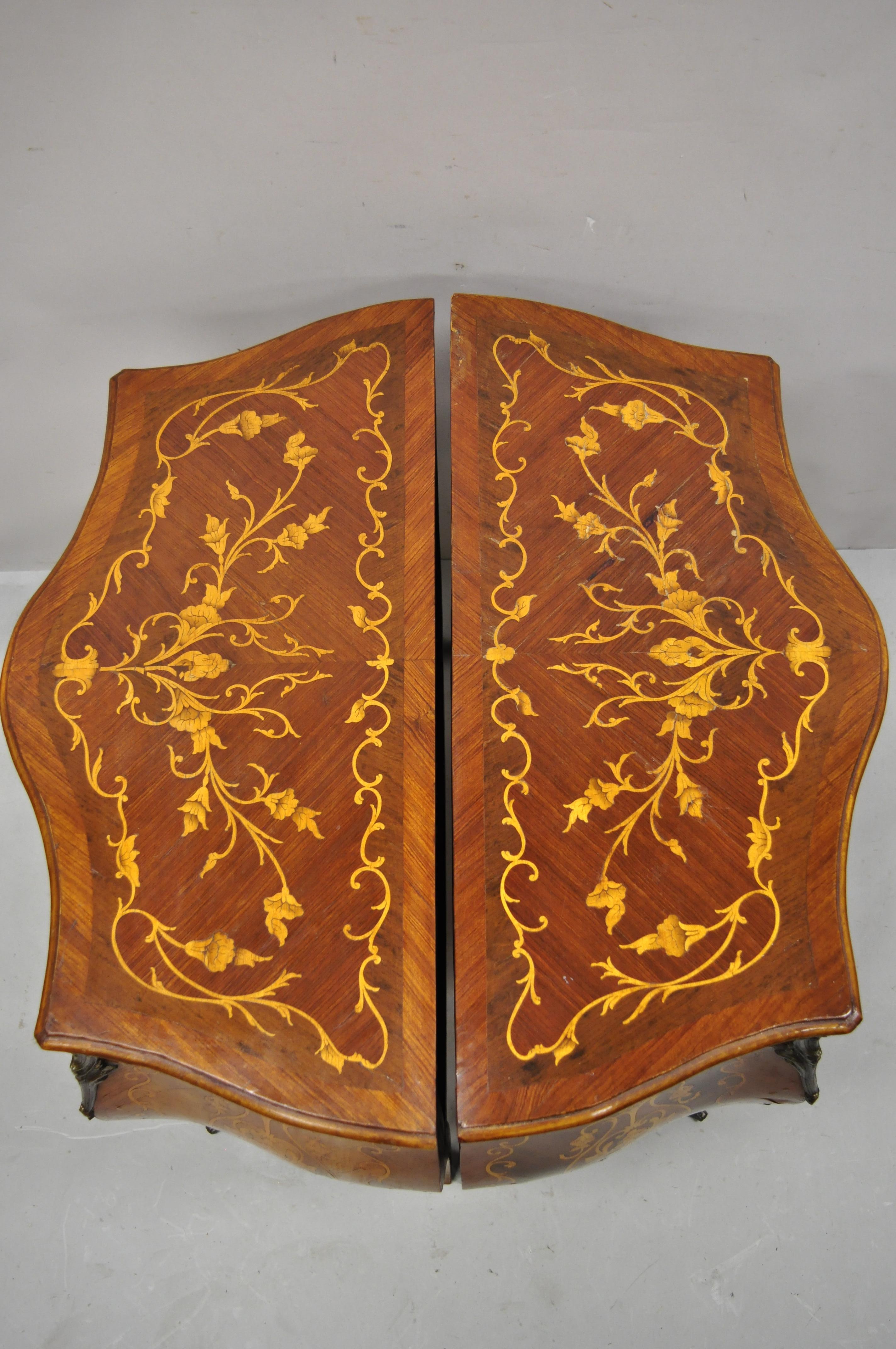 Asian French Louis XV Styl Marquetry Inlay Bombe Commode Chest Bedside Table, a Pair