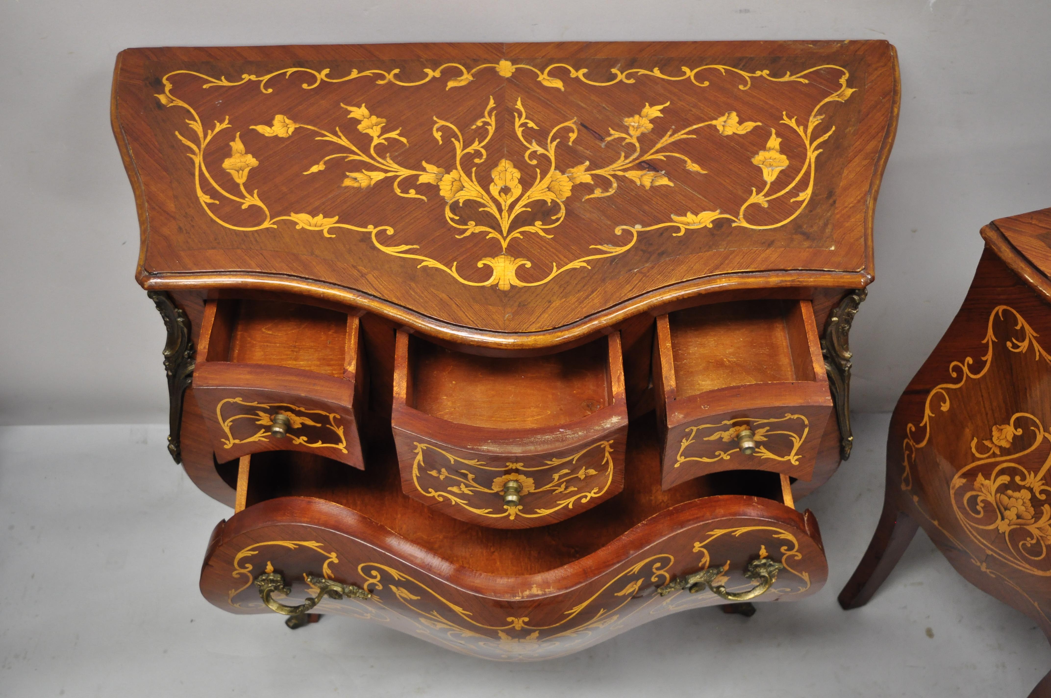 Wood French Louis XV Styl Marquetry Inlay Bombe Commode Chest Bedside Table, a Pair