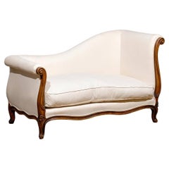 French Louis XV Style, 1830s Walnut Upholstered Méridienne with Scrolled Sides