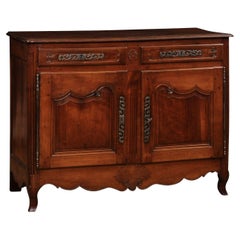 French Louis XV Style 1850s Walnut Buffet with Carved Décor, Drawers and Doors