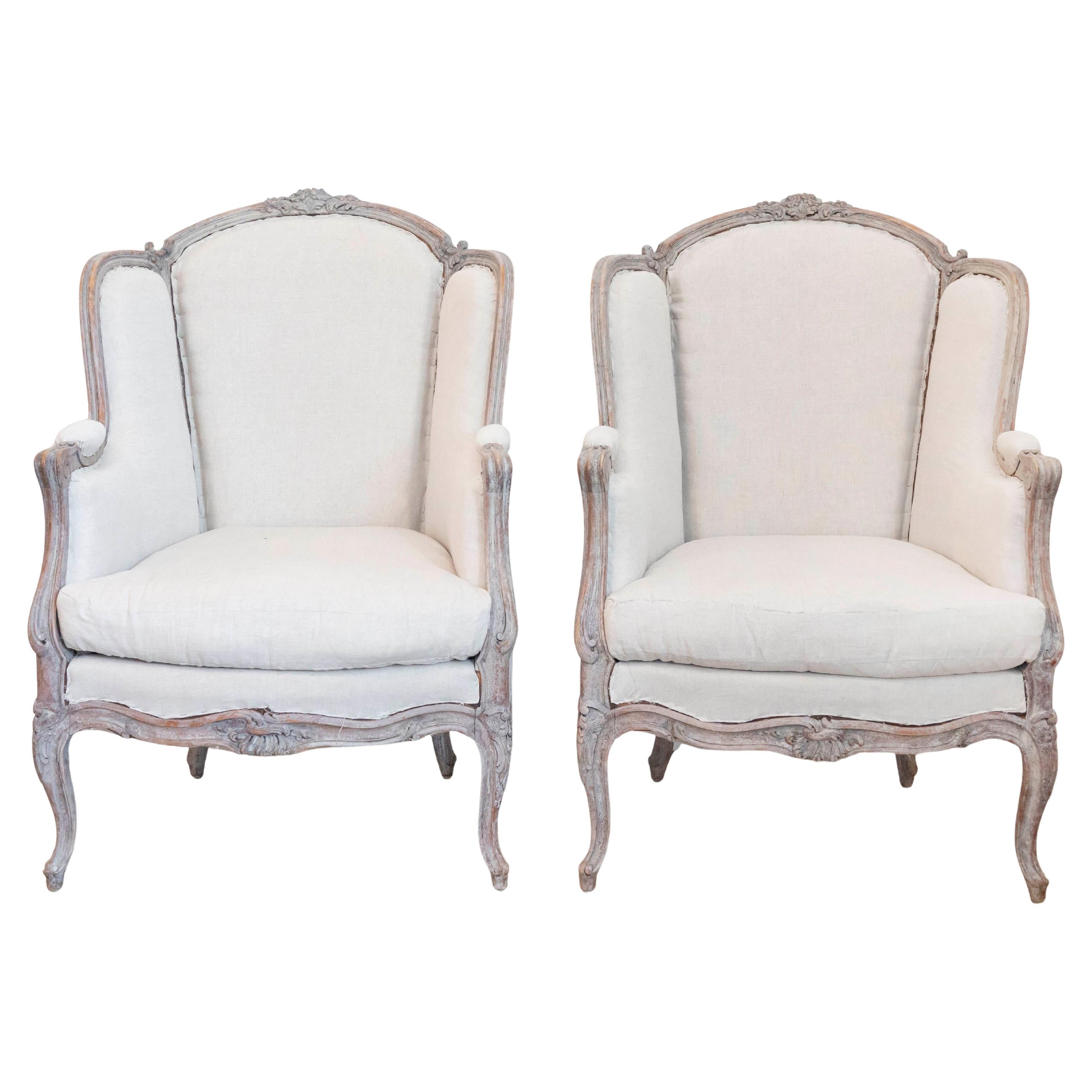 French Louis XV Style 1880s Painted Bergère Chairs with Carved Floral Motifs