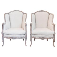 Antique French Louis XV Style 1880s Painted Bergère Chairs with Carved Floral Motifs