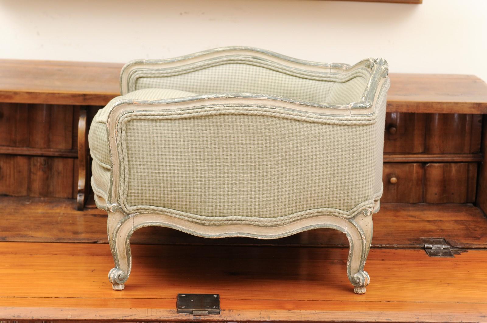 French Louis XV Style 1880s Painted Dog Bed with Cabriole Legs and Upholstery 1
