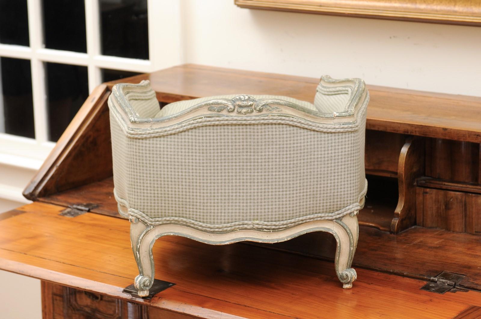 19th Century French Louis XV Style 1880s Painted Dog Bed with Cabriole Legs and Upholstery