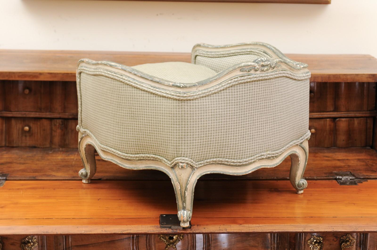 Wood French Louis XV Style 1880s Painted Dog Bed with Cabriole Legs and Upholstery