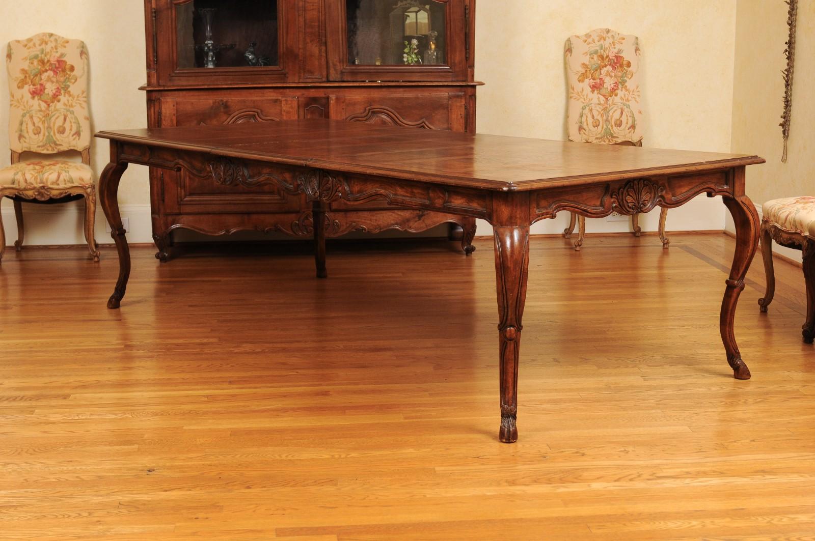 Carved French Louis XV Style 1880s Walnut Extension Dining Table with Two Leaves