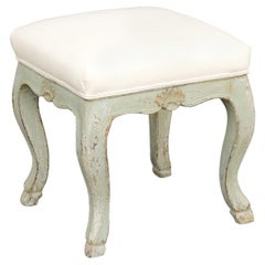 French Louis XV Style 1890s Green Painted Stool with Cabriole Legs and Hoof Feet
