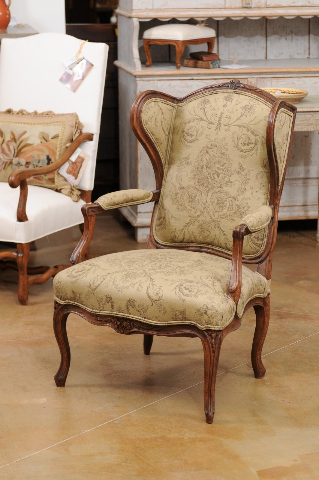 French Louis XV Style 1890s Wingback Chair with Upholstery and Carved Motifs 6