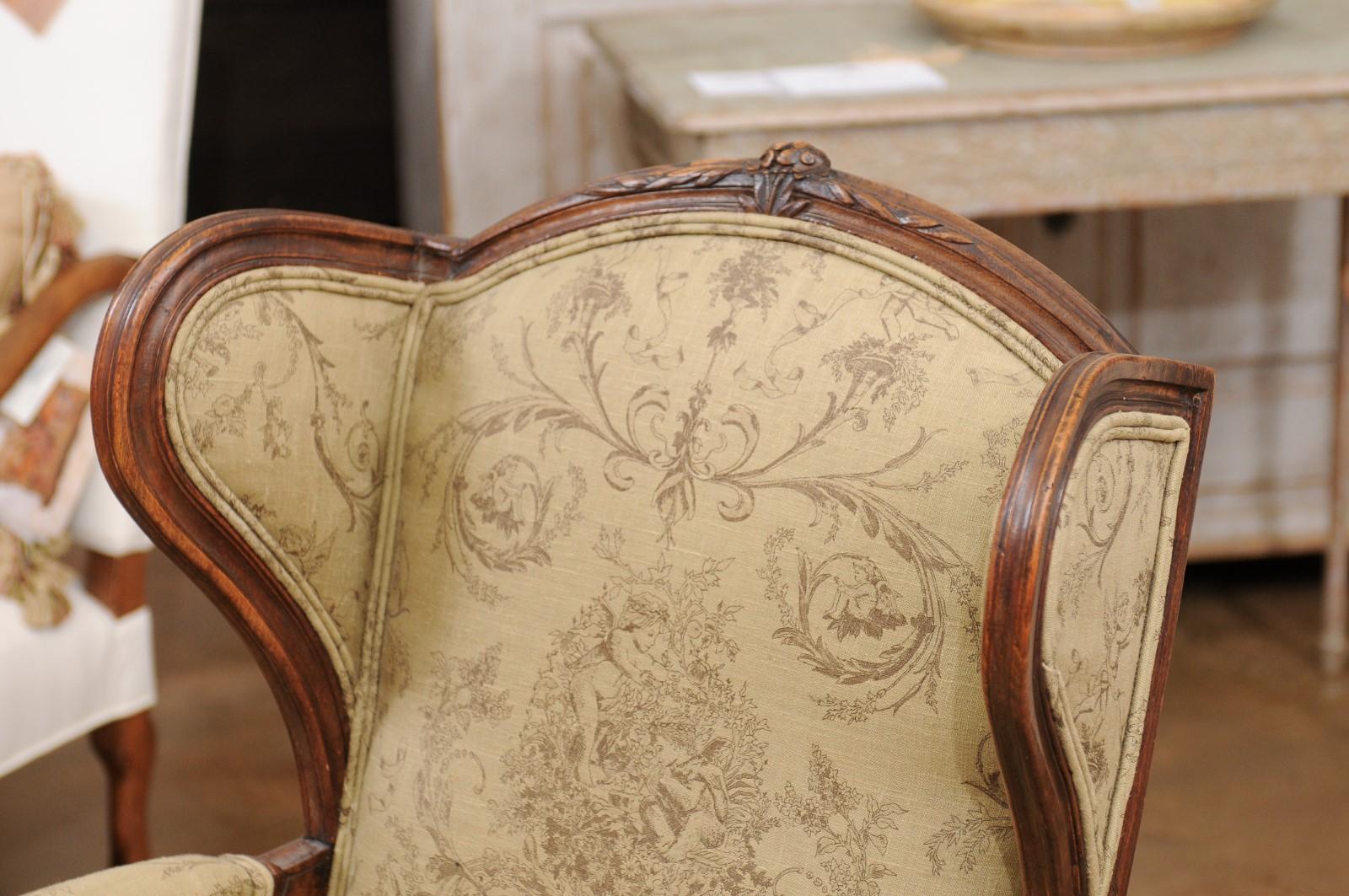 French Louis XV Style 1890s Wingback Chair with Upholstery and Carved Motifs 7