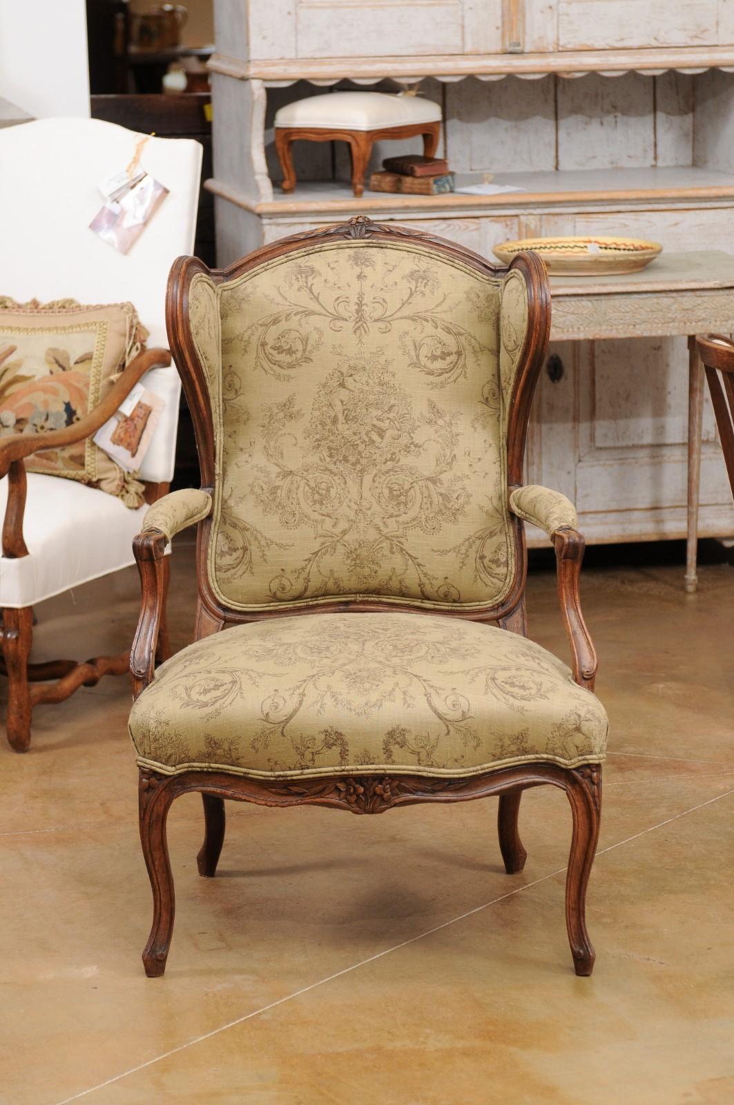 French Louis XV Style 1890s Wingback Chair with Upholstery and Carved Motifs 8