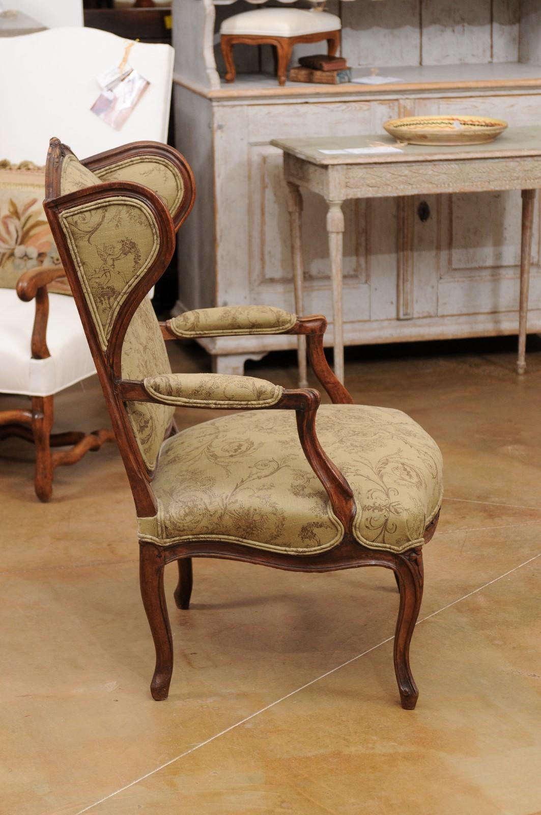 French Louis XV Style 1890s Wingback Chair with Upholstery and Carved Motifs 1