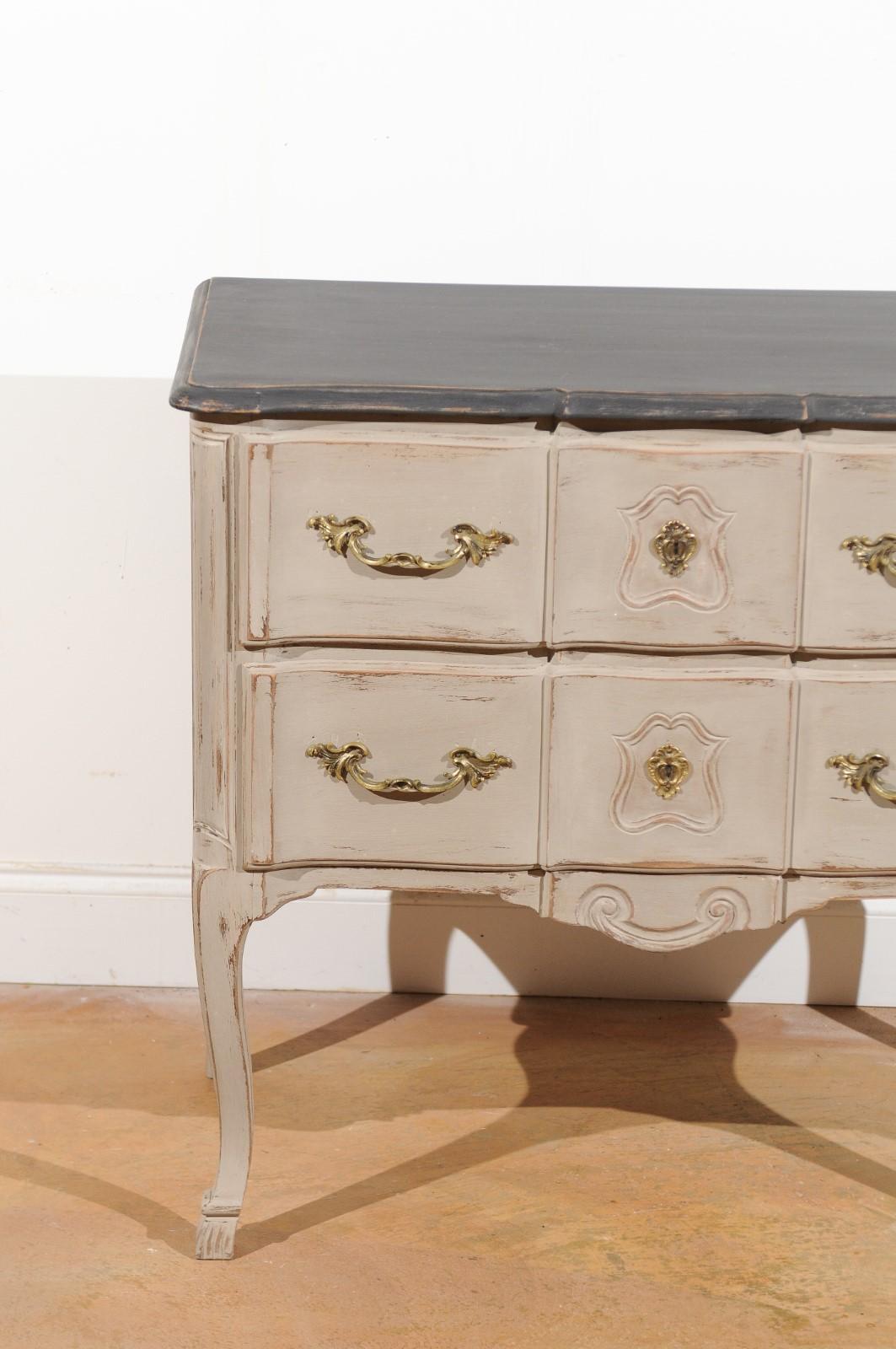 French Louis XV Style 1910s Grey Painted Commode with Bronze Rococo Hardware In Good Condition In Atlanta, GA