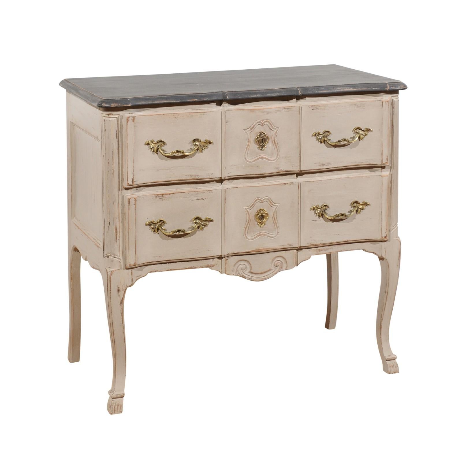 French Louis XV Style 1910s Grey Painted Commode with Bronze Rococo Hardware For Sale