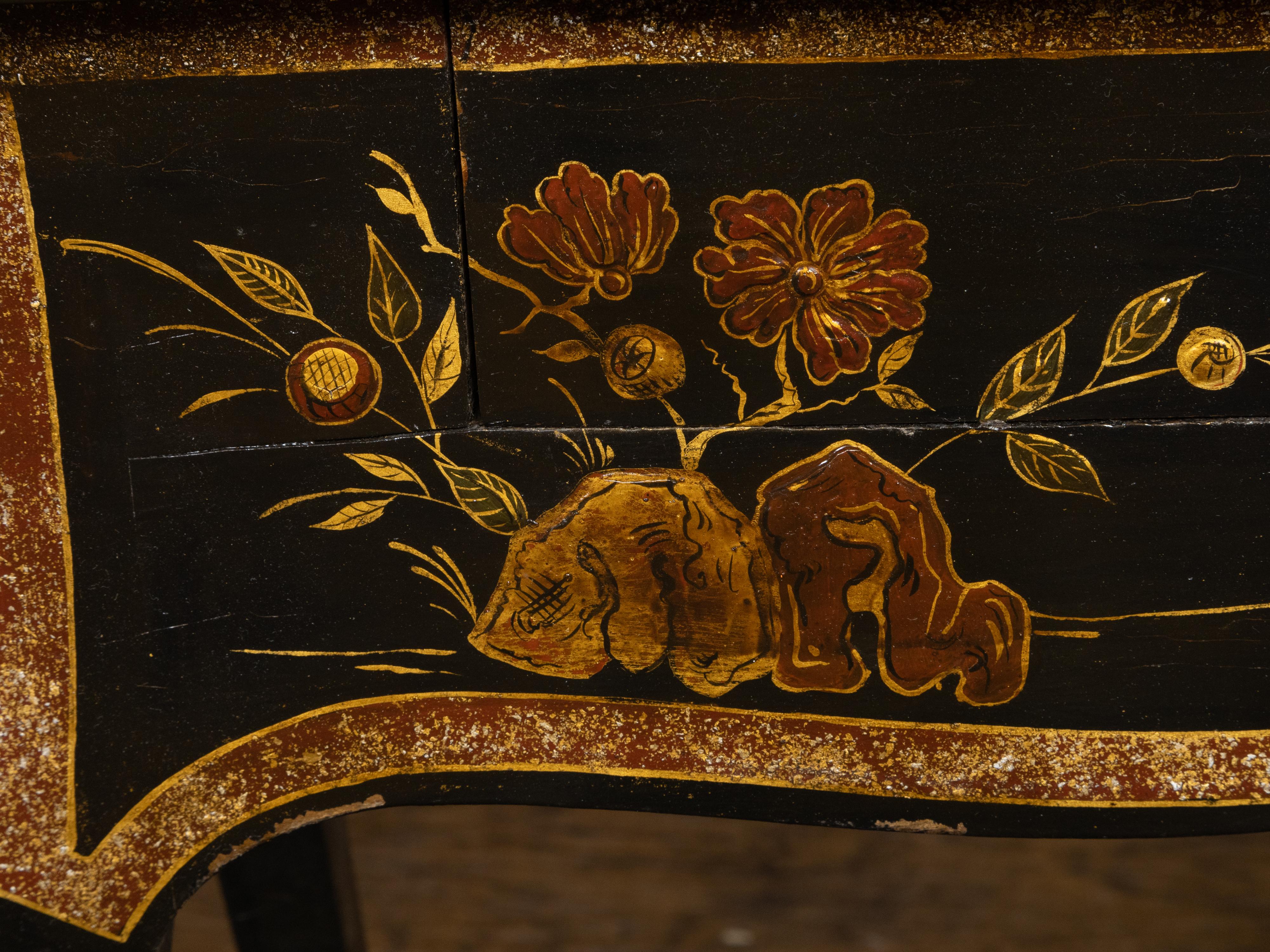 French Louis XV Style 19th Century Black and Gold Chinoiserie Console Table For Sale 7