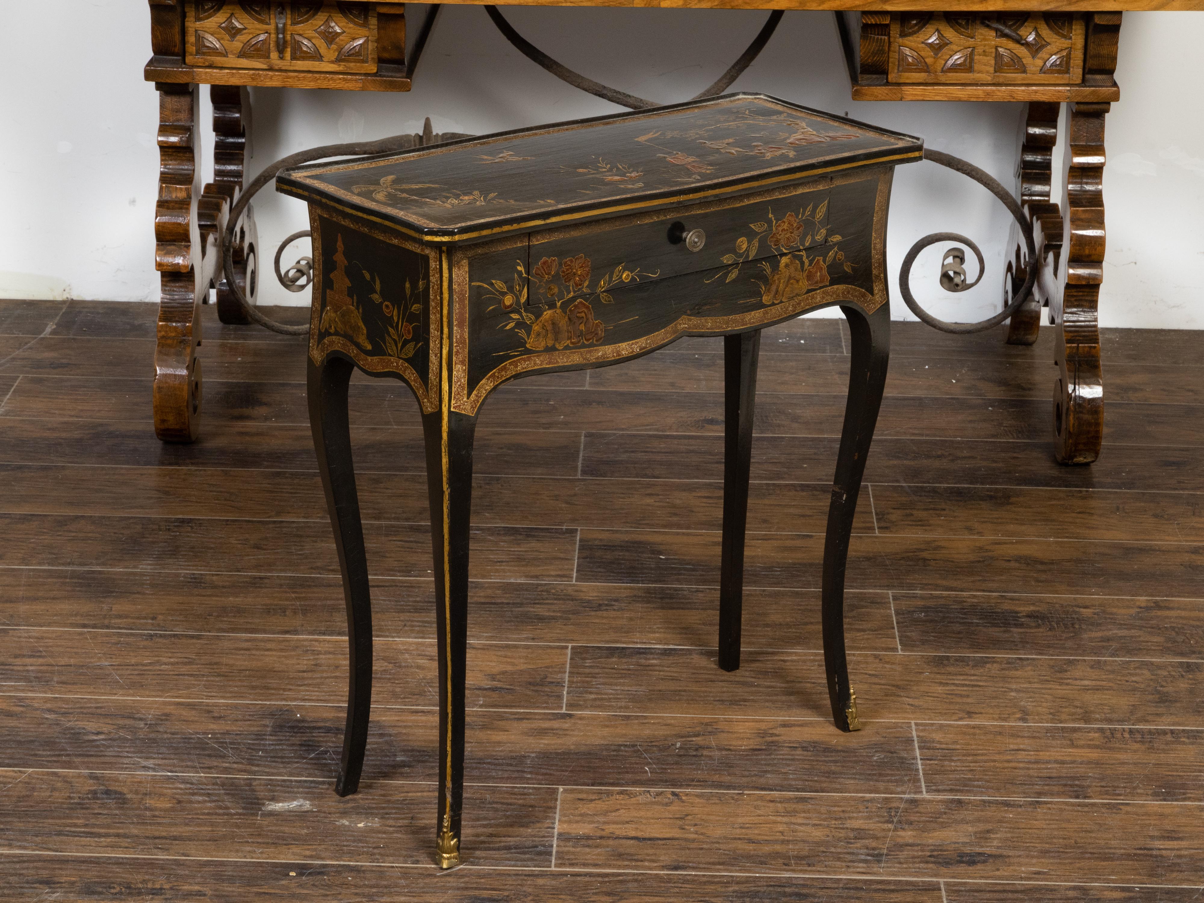 Hand-Painted French Louis XV Style 19th Century Black and Gold Chinoiserie Console Table For Sale