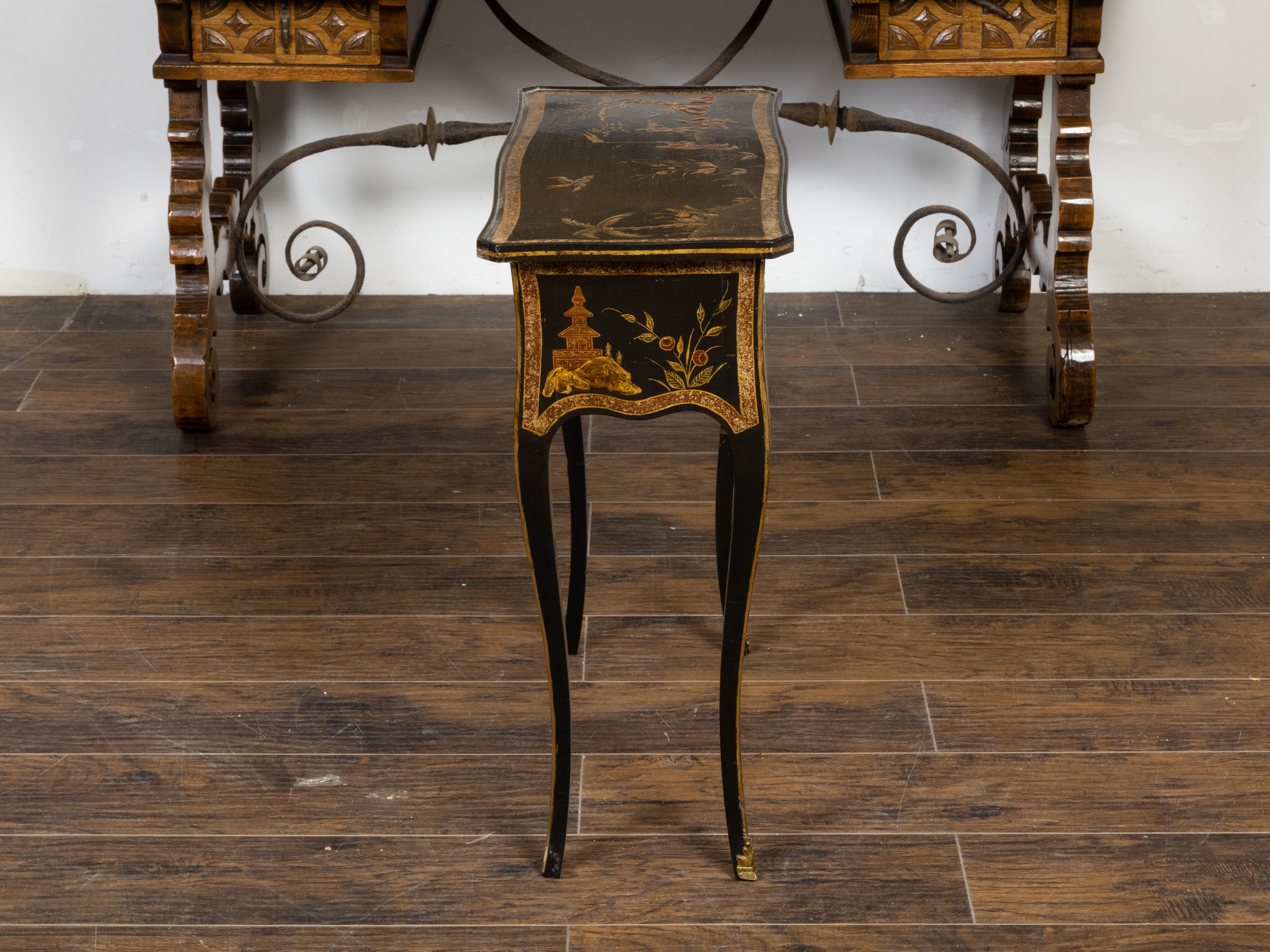 French Louis XV Style 19th Century Black and Gold Chinoiserie Console Table In Good Condition For Sale In Atlanta, GA