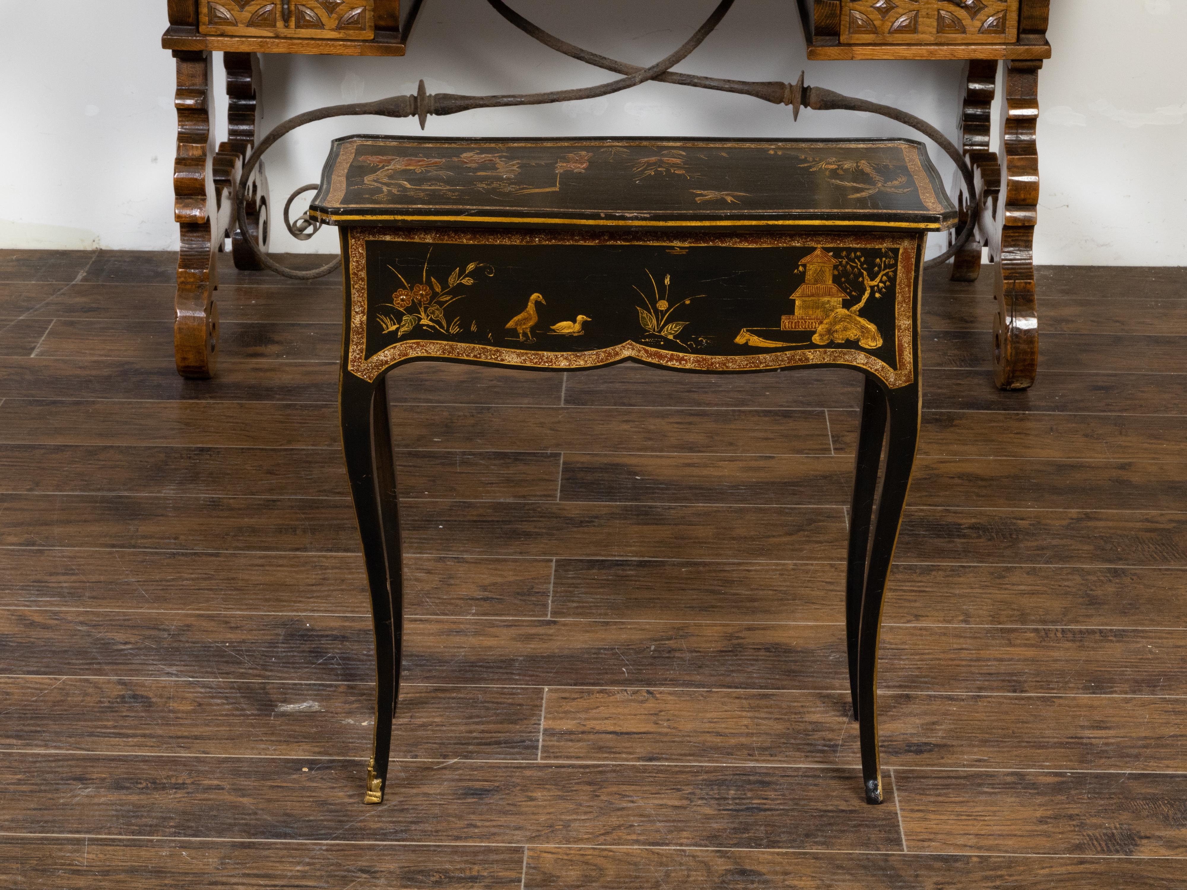 Wood French Louis XV Style 19th Century Black and Gold Chinoiserie Console Table For Sale