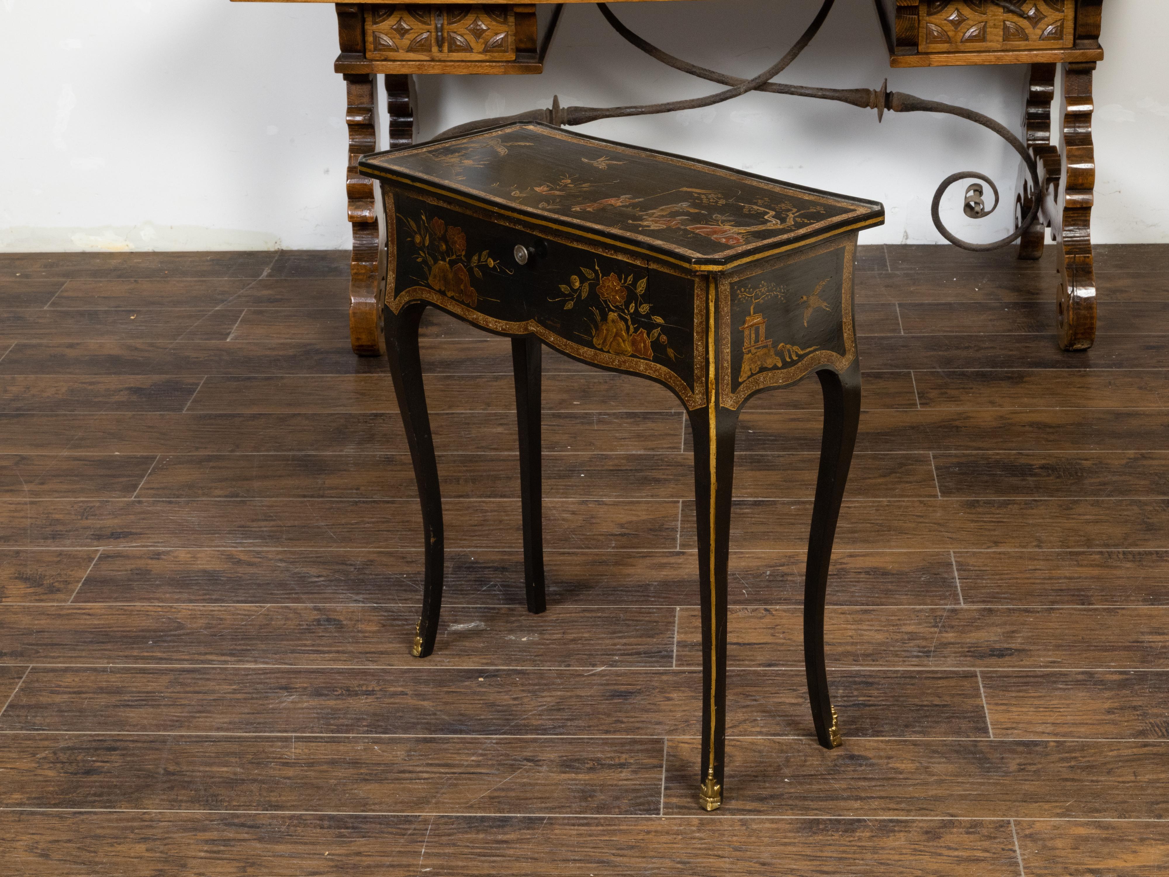 French Louis XV Style 19th Century Black and Gold Chinoiserie Console Table For Sale 2