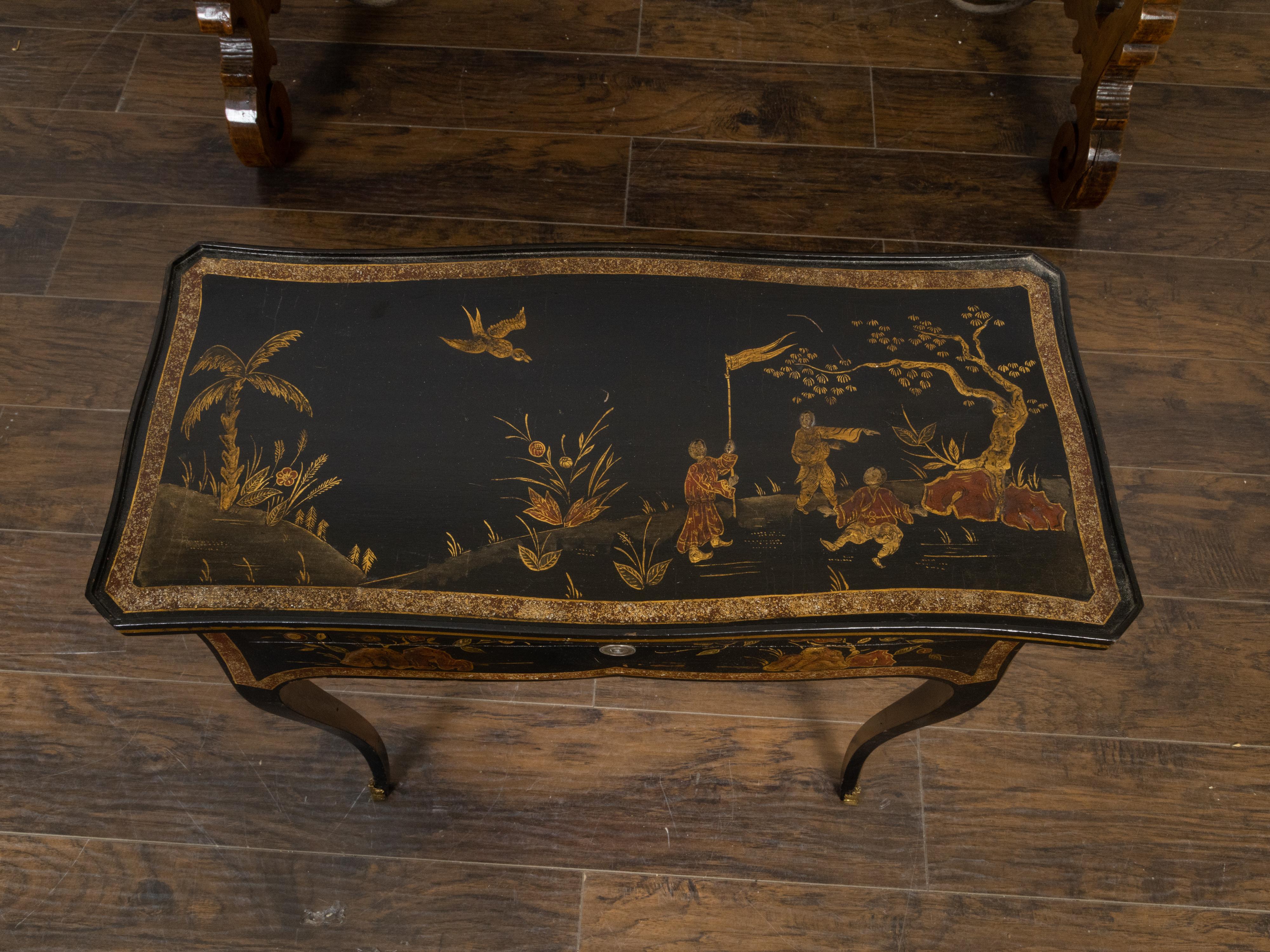 French Louis XV Style 19th Century Black and Gold Chinoiserie Console Table For Sale 3