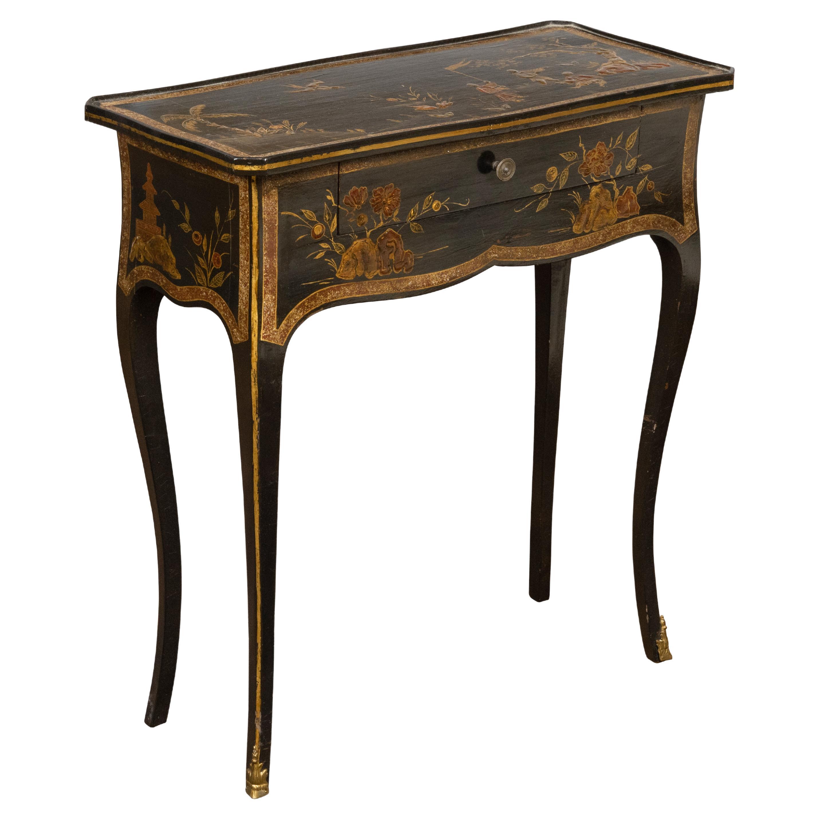 French Louis XV Style 19th Century Black and Gold Chinoiserie Console Table For Sale