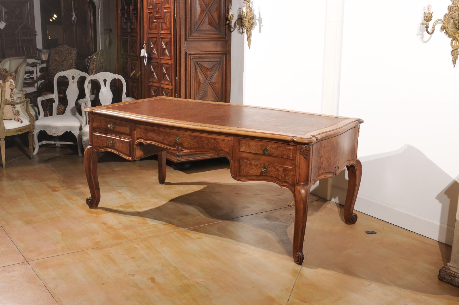 French Louis XV Style 19th Century Burr Walnut and Leather Top Four-Drawer Desk In Good Condition For Sale In Atlanta, GA