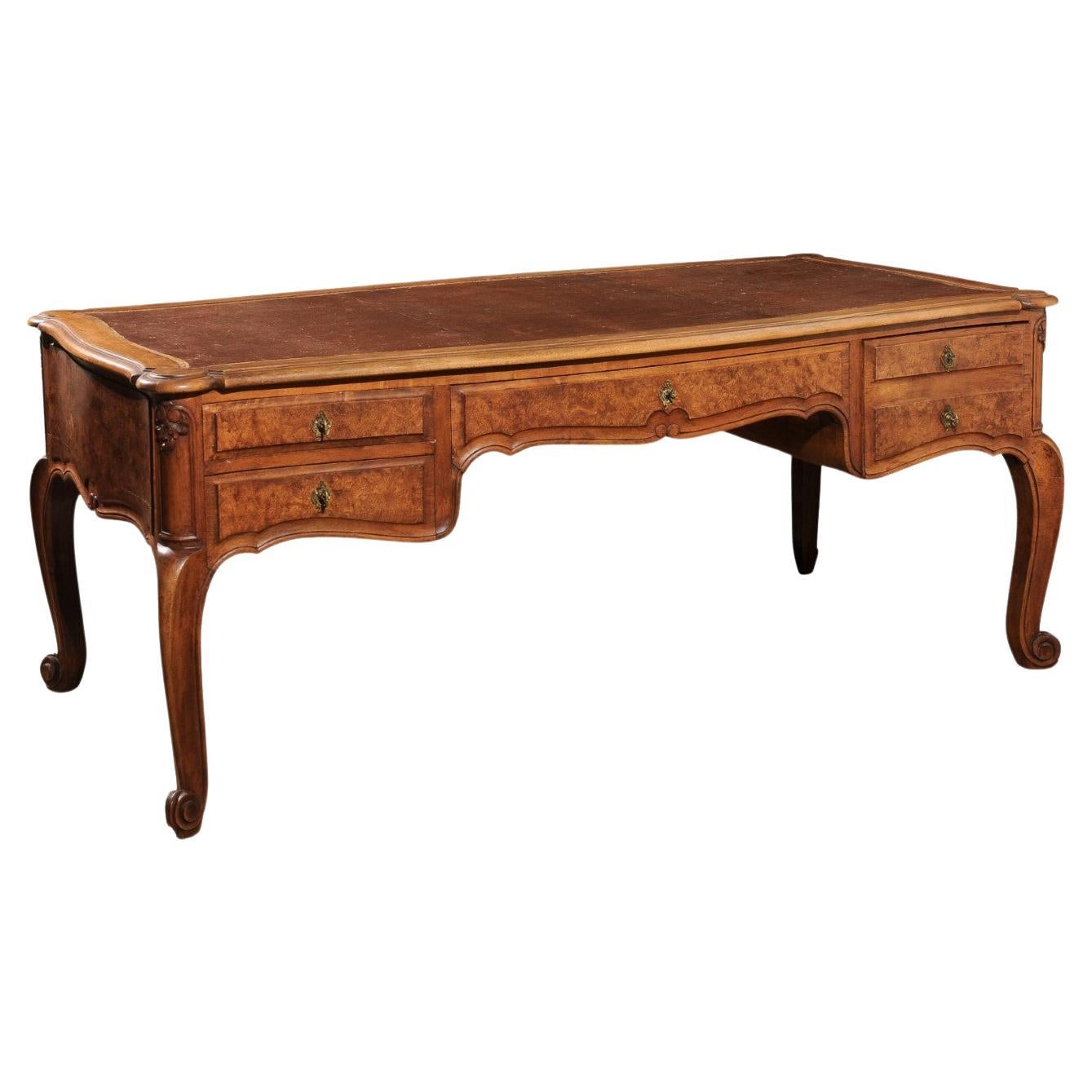 French Louis XV Style 19th Century Burr Walnut and Leather Top Four-Drawer Desk For Sale