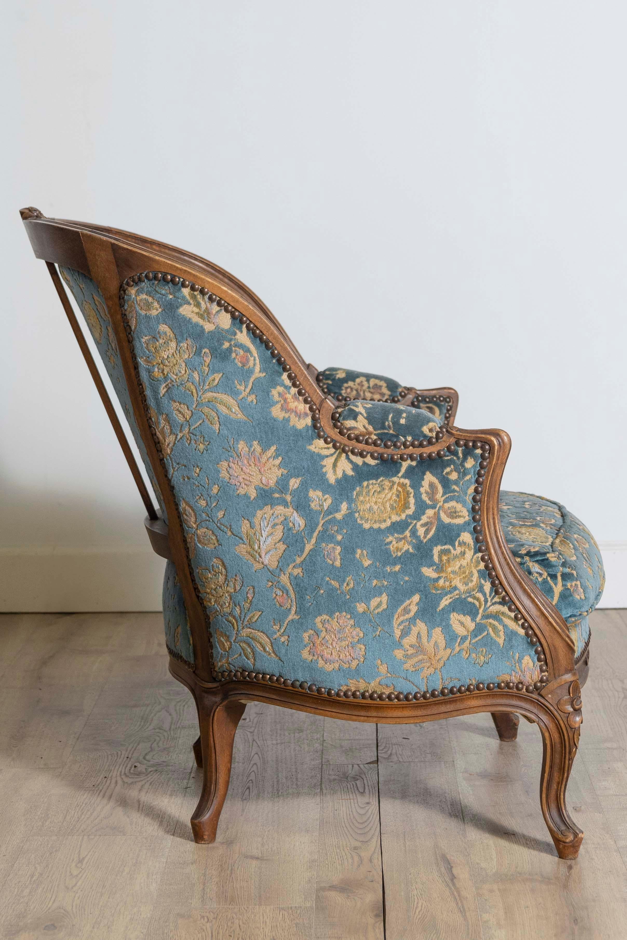 Upholstery French Louis XV Style 19th Century Carved Walnut Bergères Chair For Sale