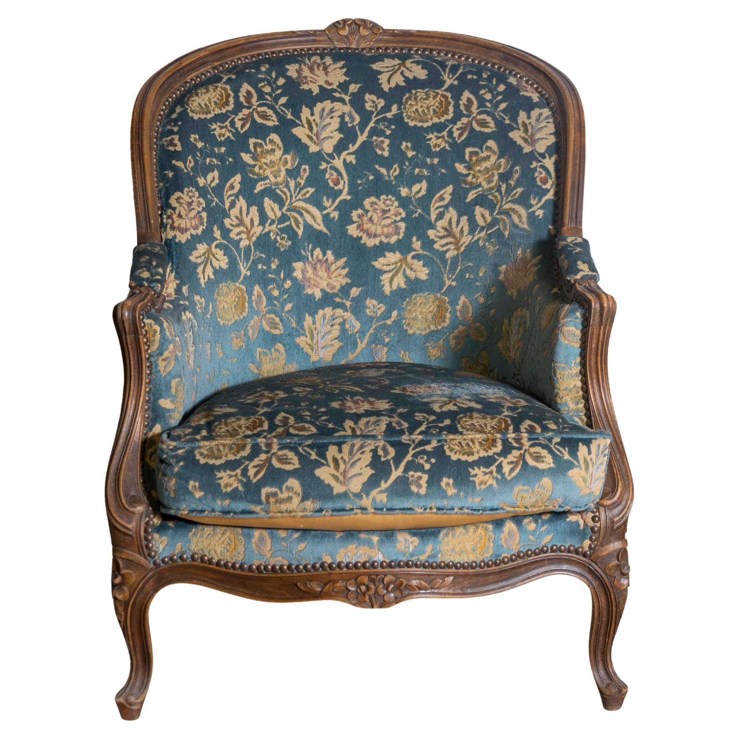 French Louis XV Style 19th Century Carved Walnut Bergères Chair