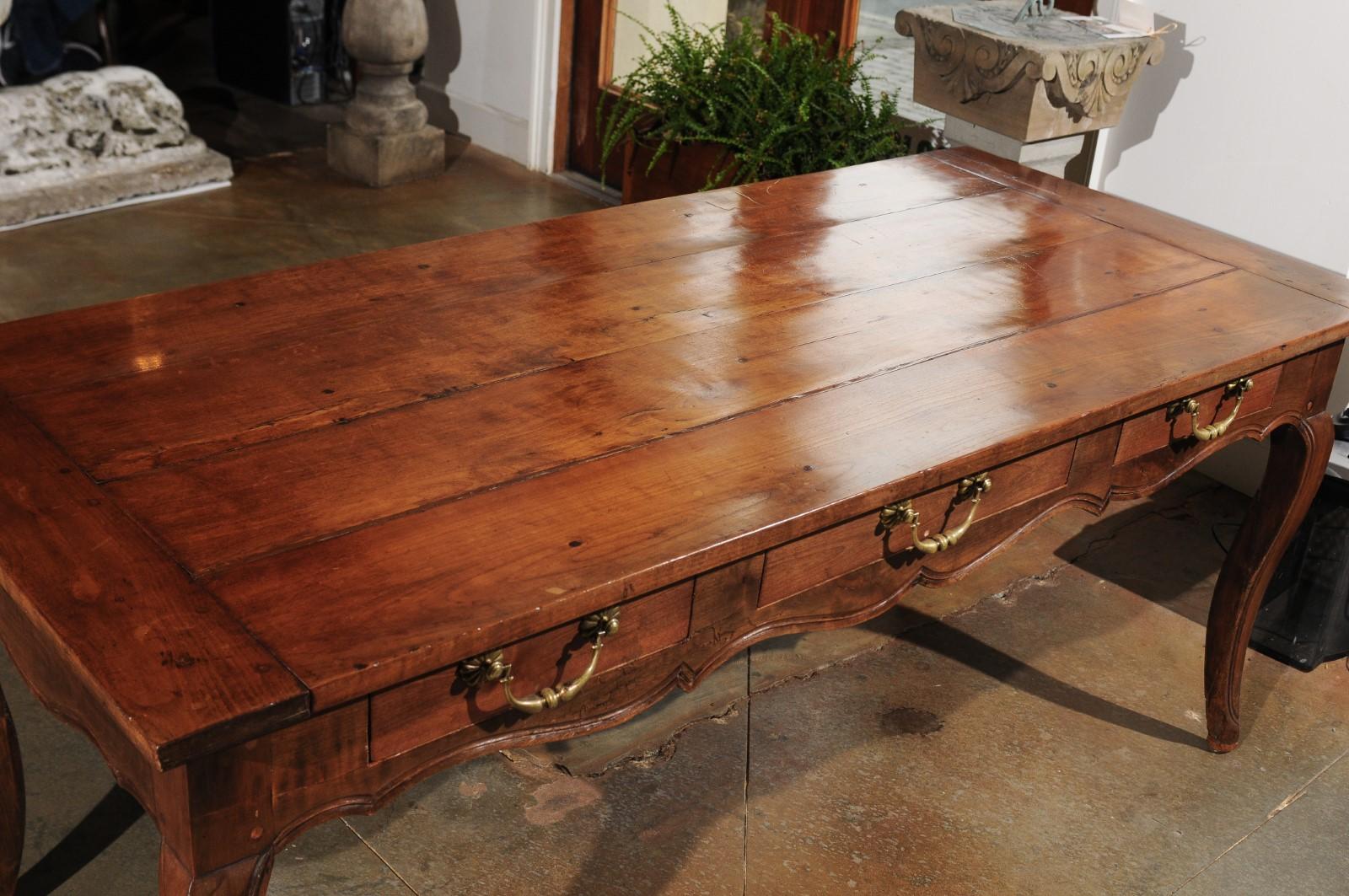 Brass French Louis XV Style 19th Century Cherry Farm Table with Three Drawers