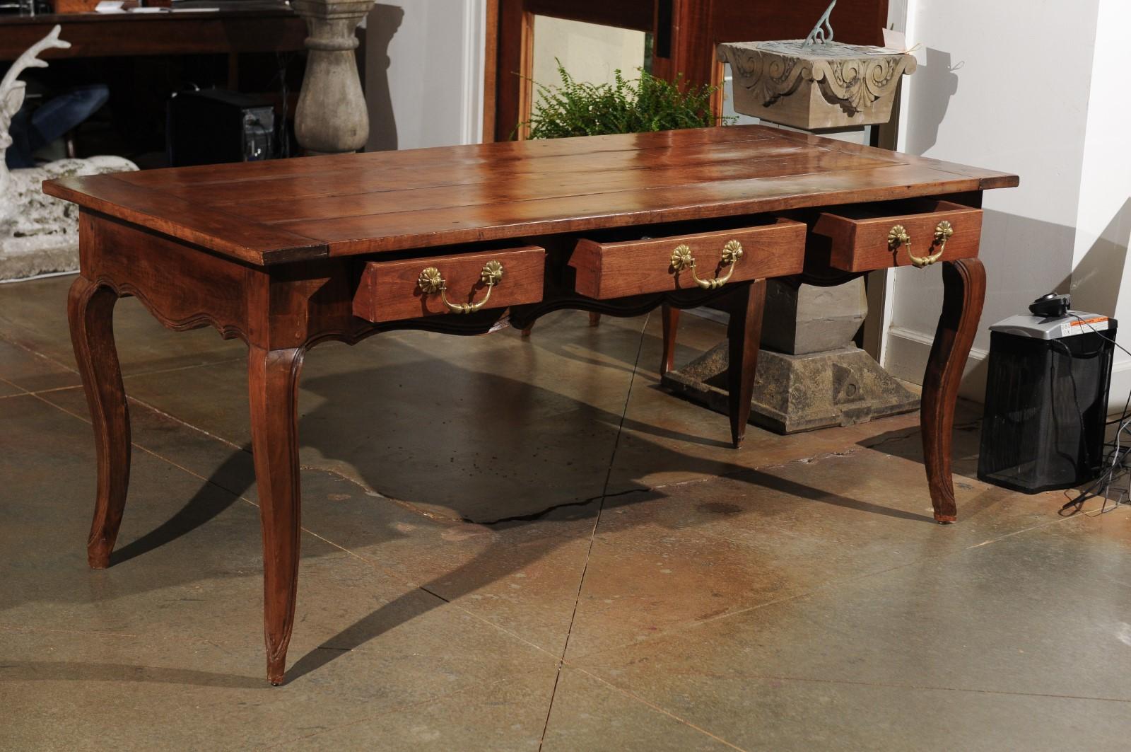 French Louis XV Style 19th Century Cherry Farm Table with Three Drawers 1