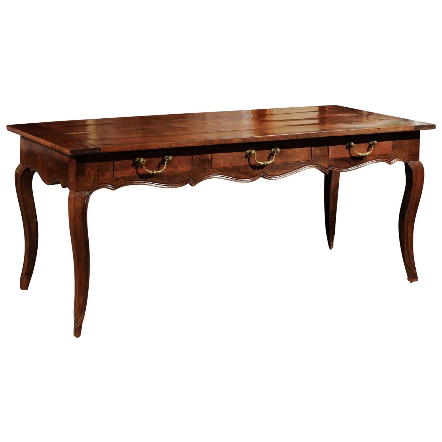 French Louis XV Style 19th Century Cherry Farm Table with Three Drawers