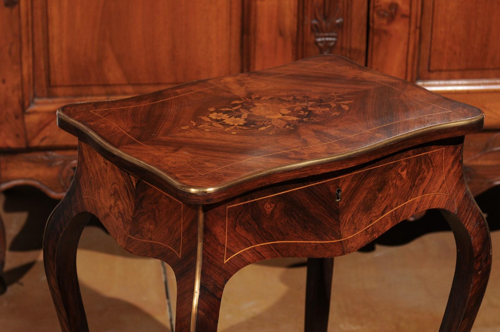 Brass French Louis XV Style 19th Century Marquetry Dressing Table with Floral Motifs For Sale