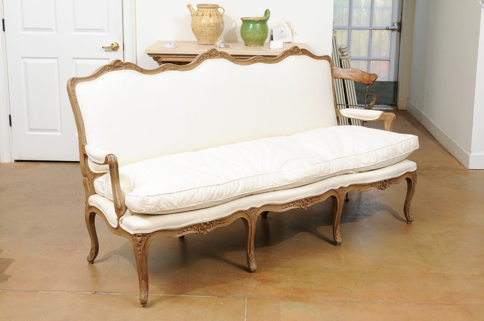 French Louis XV Style 19th Century Three-Seat Painted and Floral Carved Canapé 1