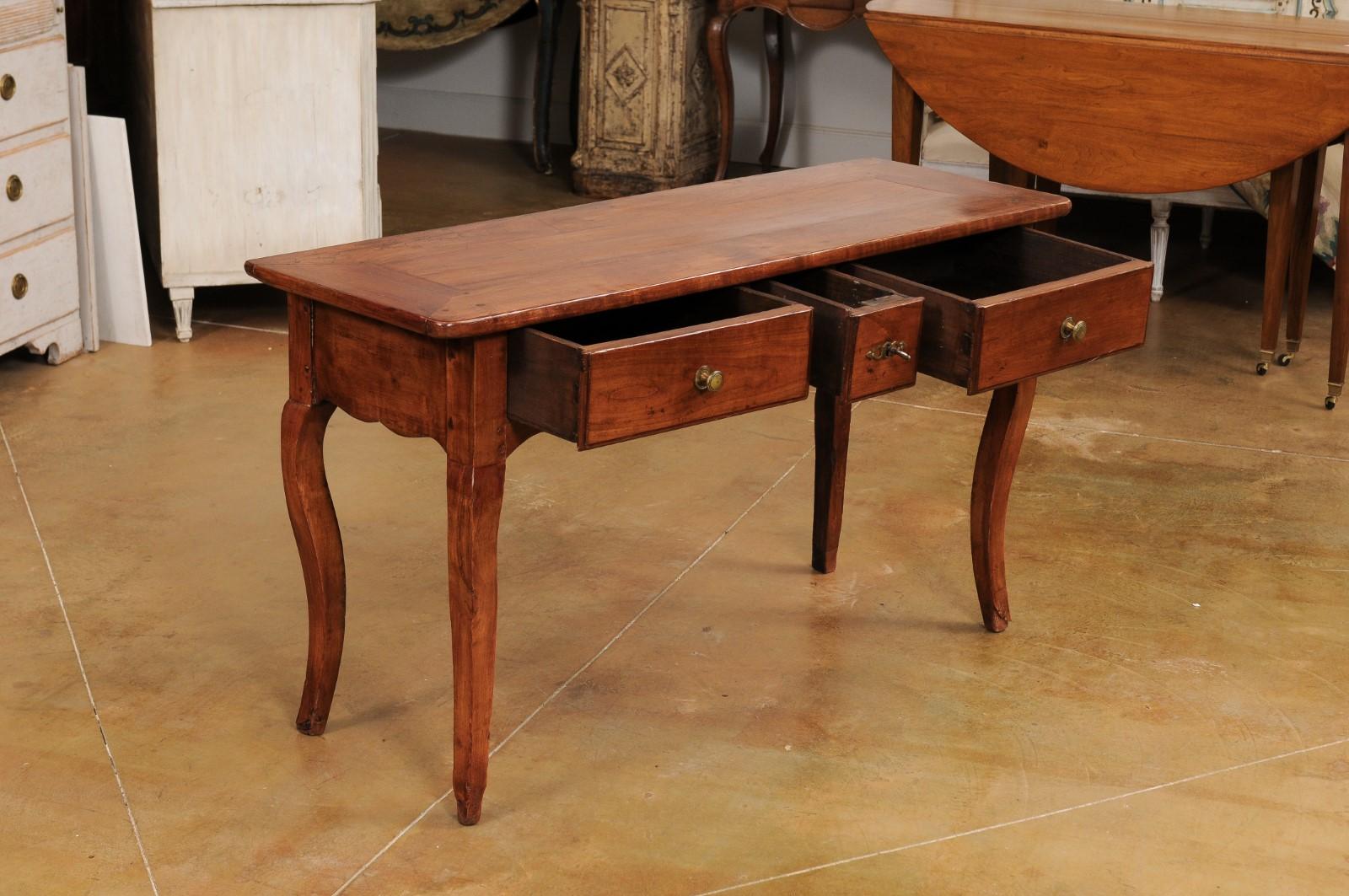 French Louis XV Style 19th Century Walnut Console Table with Three Drawers In Good Condition For Sale In Atlanta, GA