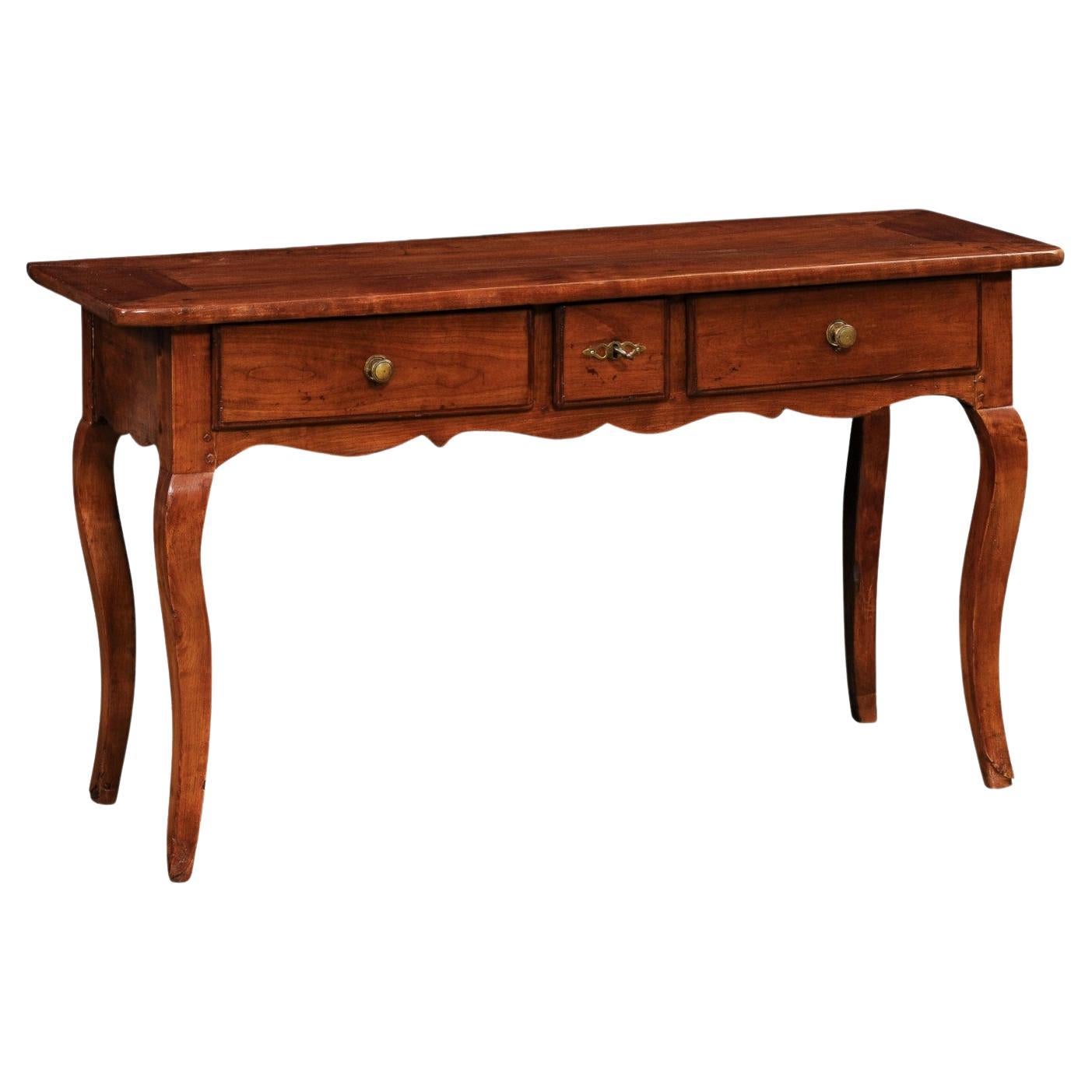 French Louis XV Style 19th Century Walnut Console Table with Three Drawers For Sale