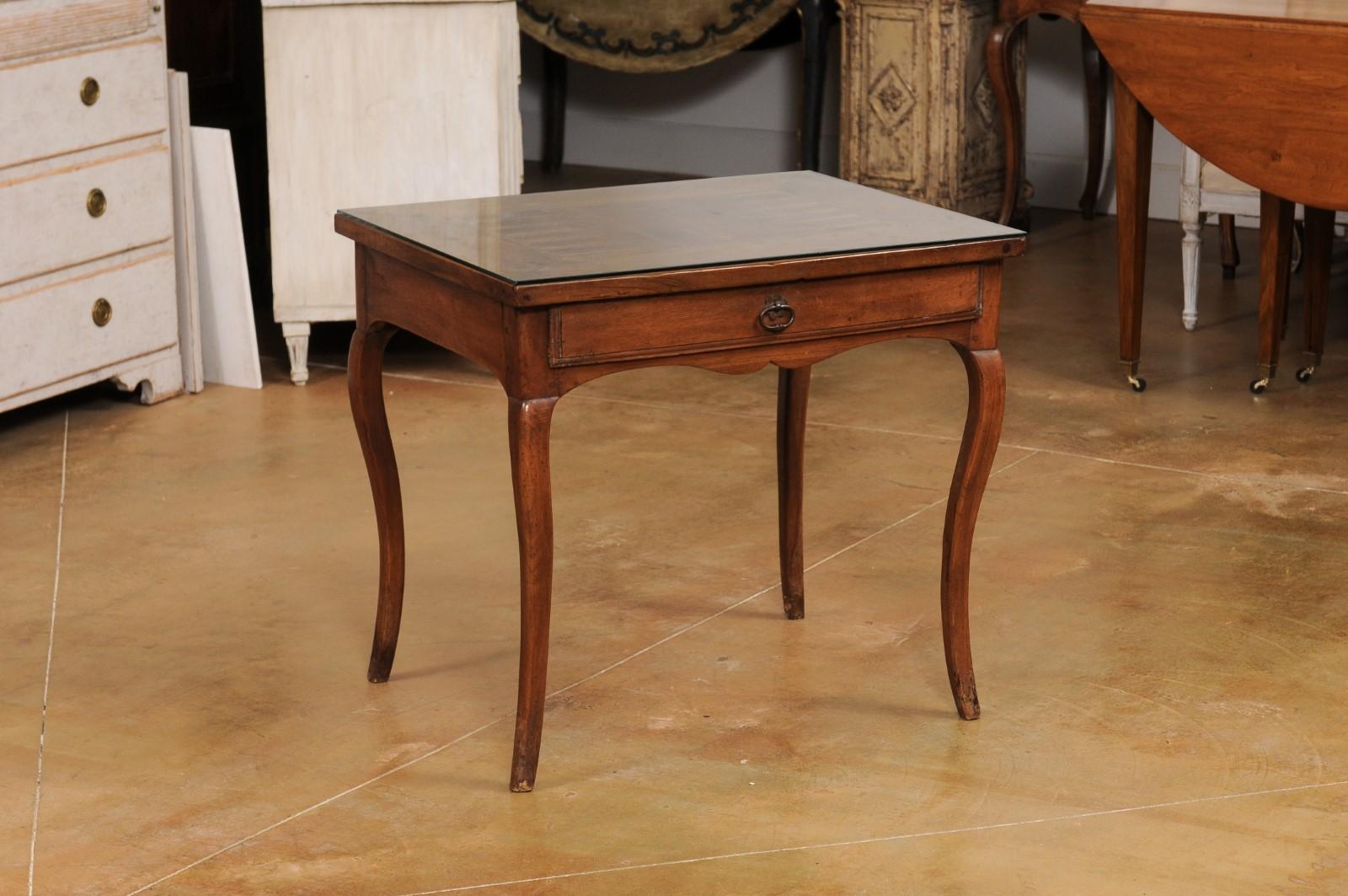 Carved French Louis XV Style 19th Century Walnut Tric Trac Table with Mahogany Inlay For Sale