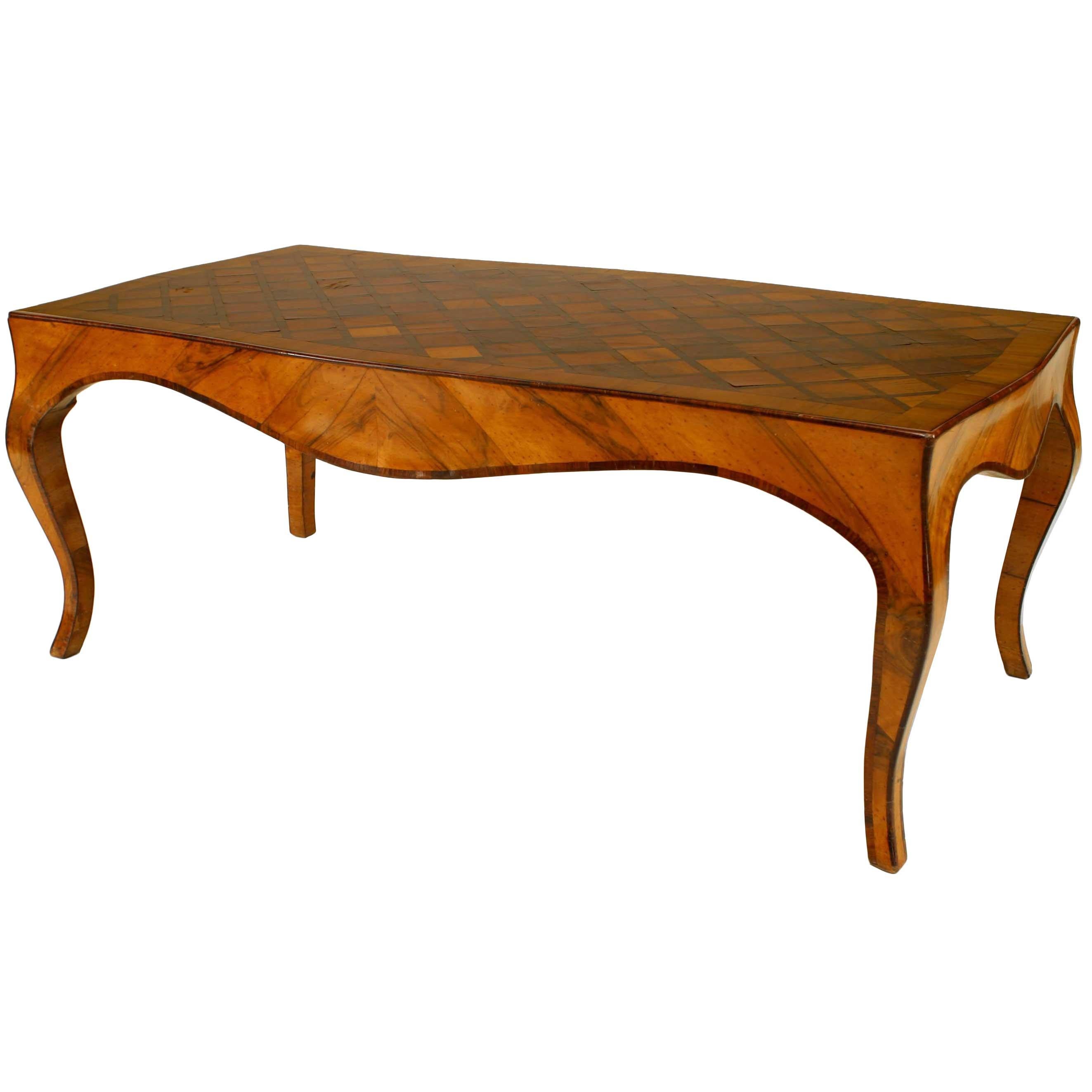 French Louis XV Style Walnut and Fruitwood Parquetry Coffee Table For Sale