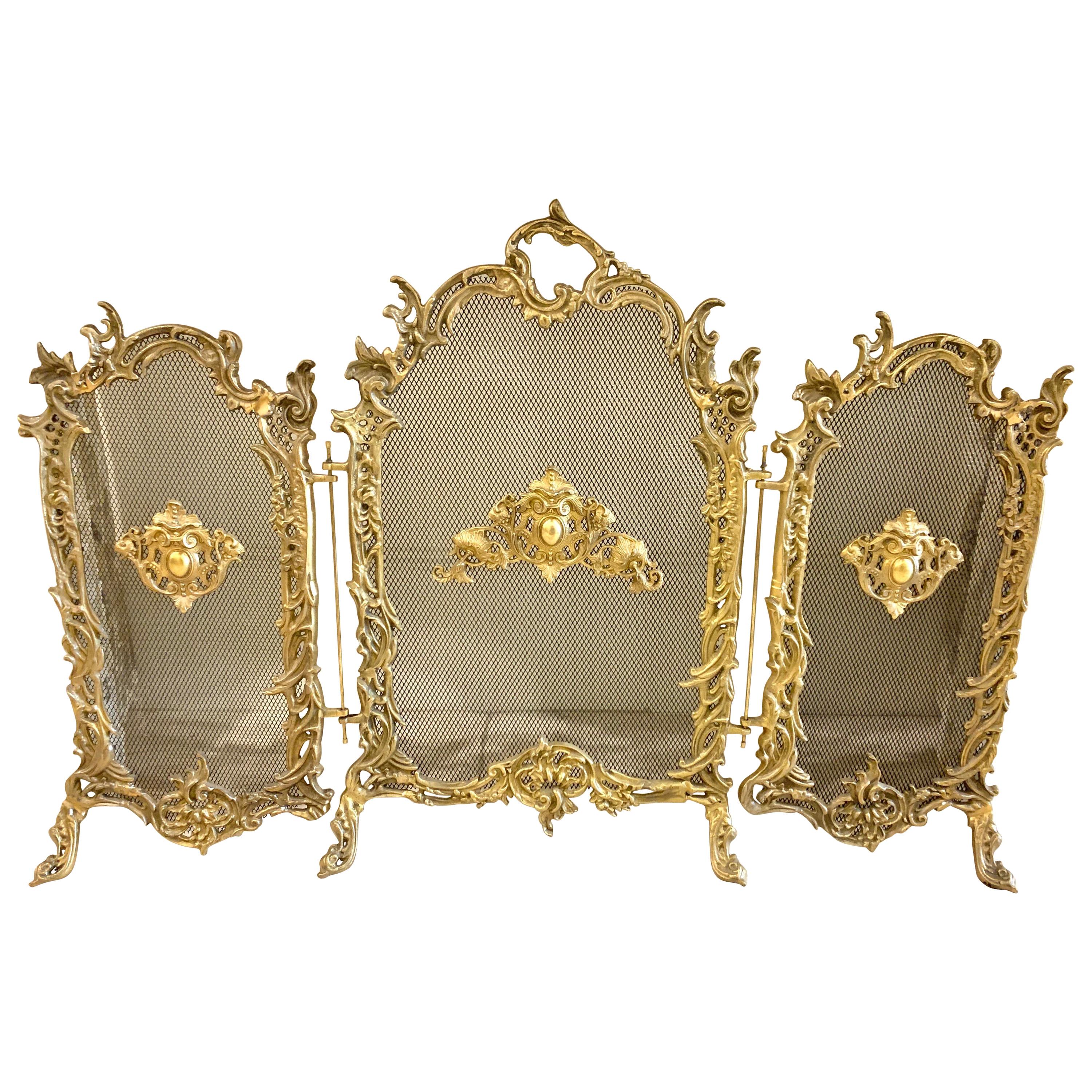 French Louis XV Style 3-Panel Bronze Fire Screen