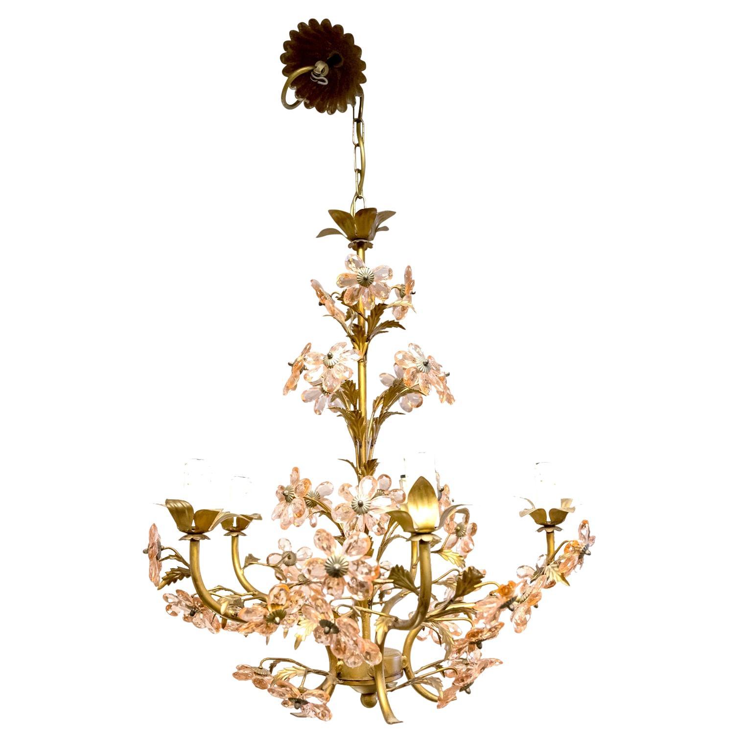 French Louis XV Style 5light Gilt Iron & Crystal Flower Maison Bagues Chandelier For Sale